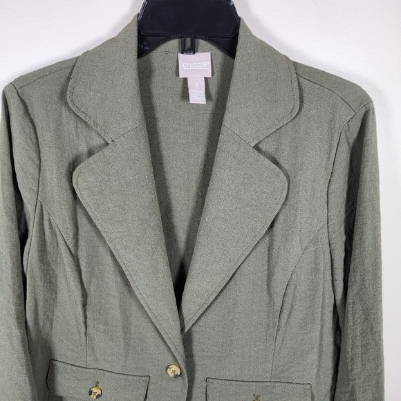 Chicos Jacket Womens 1 Medium Army Olive Green Stretch Lightweight Blazer - Picture 2 of 12